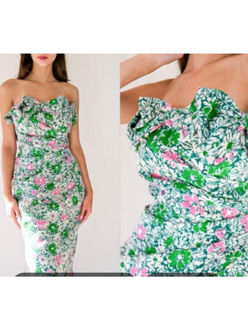 Flora Kung Vintage 80s Strapless Pink & Green Floral Silk Bow Dress Womens 4